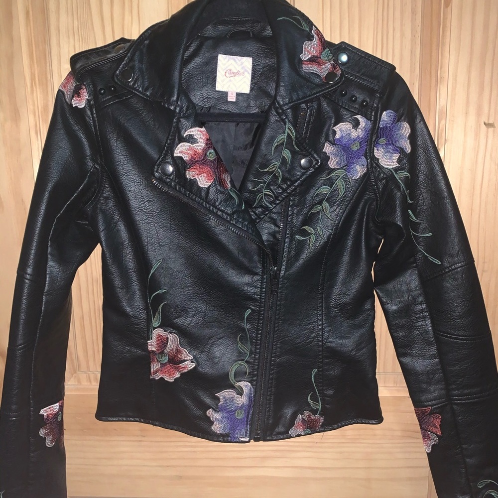 Faux leather jacket with floral embroidery